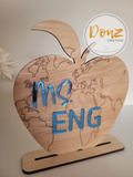World Themed Personalized Teacher Name Apple Wood Sign With Stand