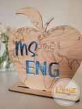 World Themed Personalized Teacher Name Apple Wood Sign With Stand