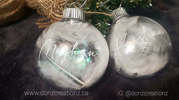 White Feather/Silver Star Filled Plastic Disc Personalized Ornaments