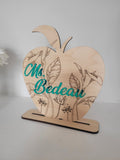 Floral Themed Personalized Teacher Name Apple Wood Sign With Stand