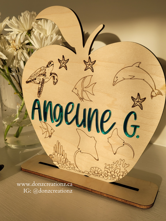 Ocean Themed Personalized Teacher Name Apple Wood Sign With Stand