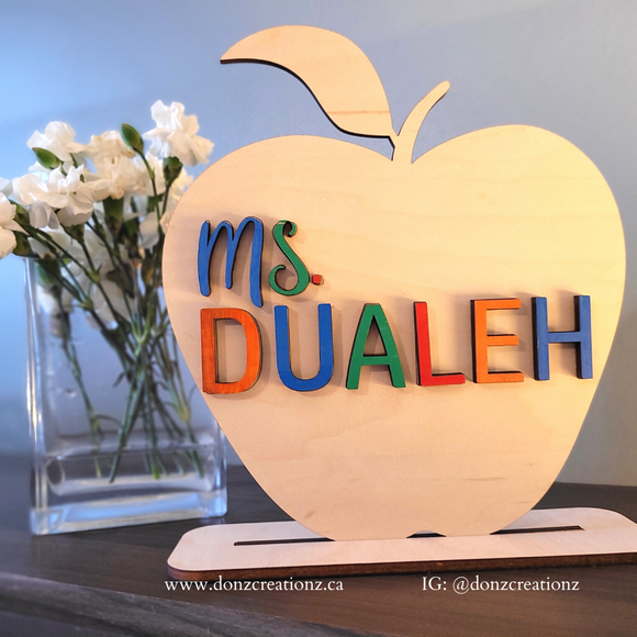 Personalized Teacher Name Apple Wood Sign With Stand